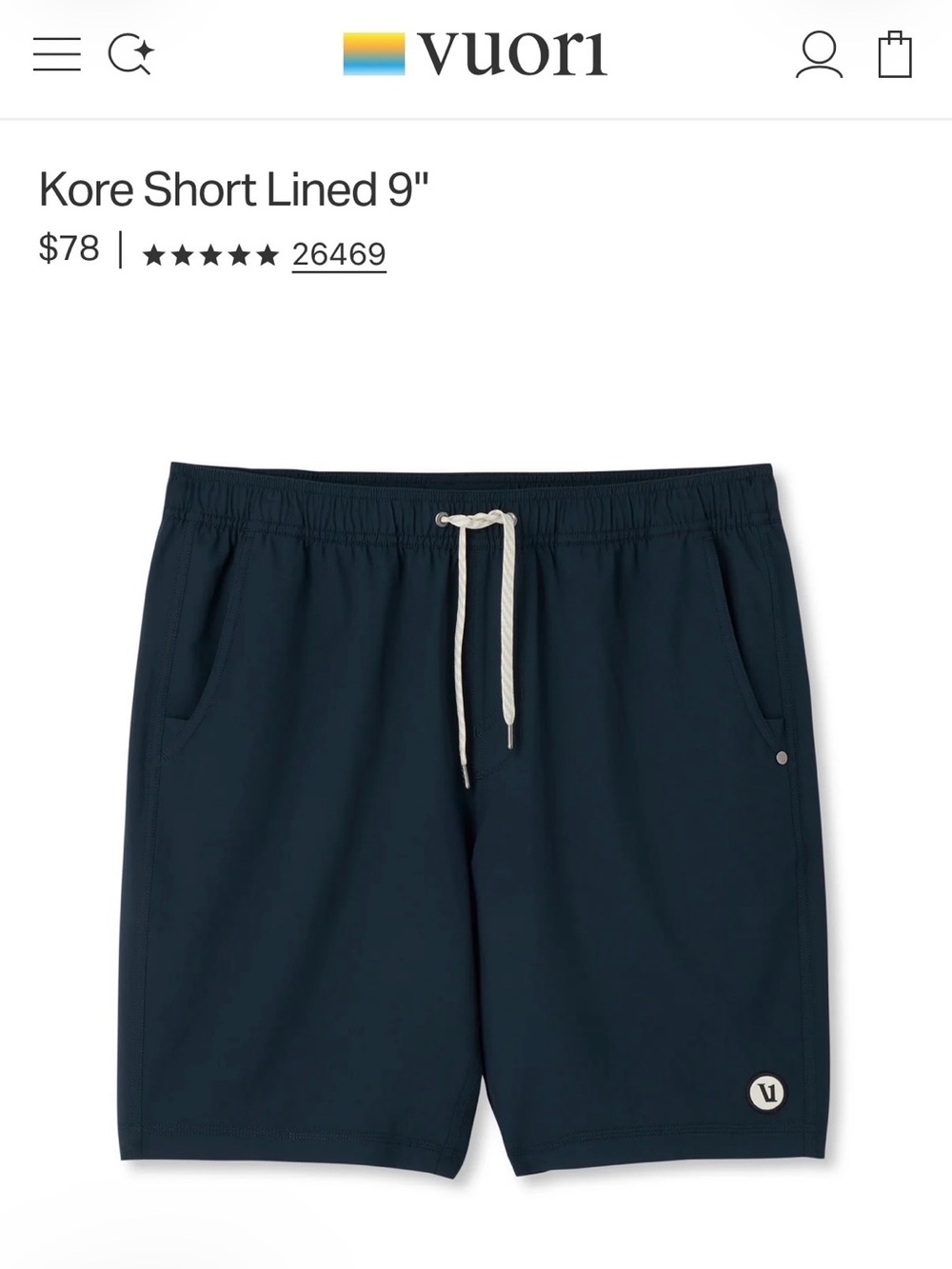 Vuori Kore Short Lined 9" Navy with Lining Size XL
